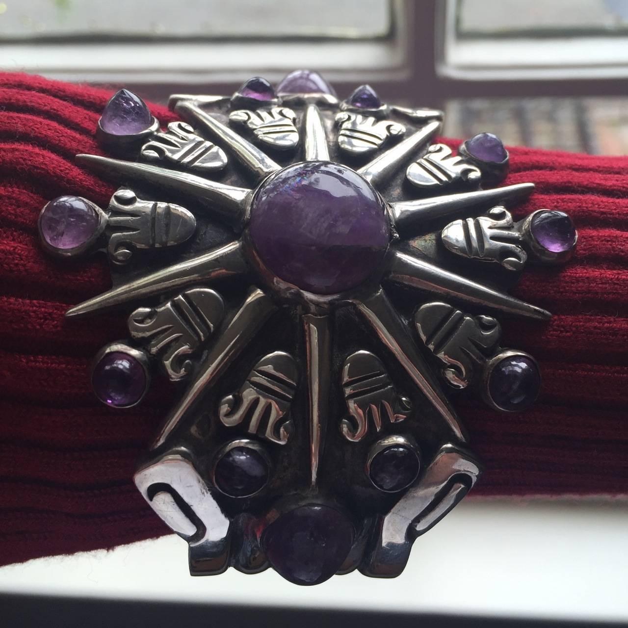 Native American William Spratling Amethyst Sterling Silver Aztec Sun Cuff Bracelet For Sale