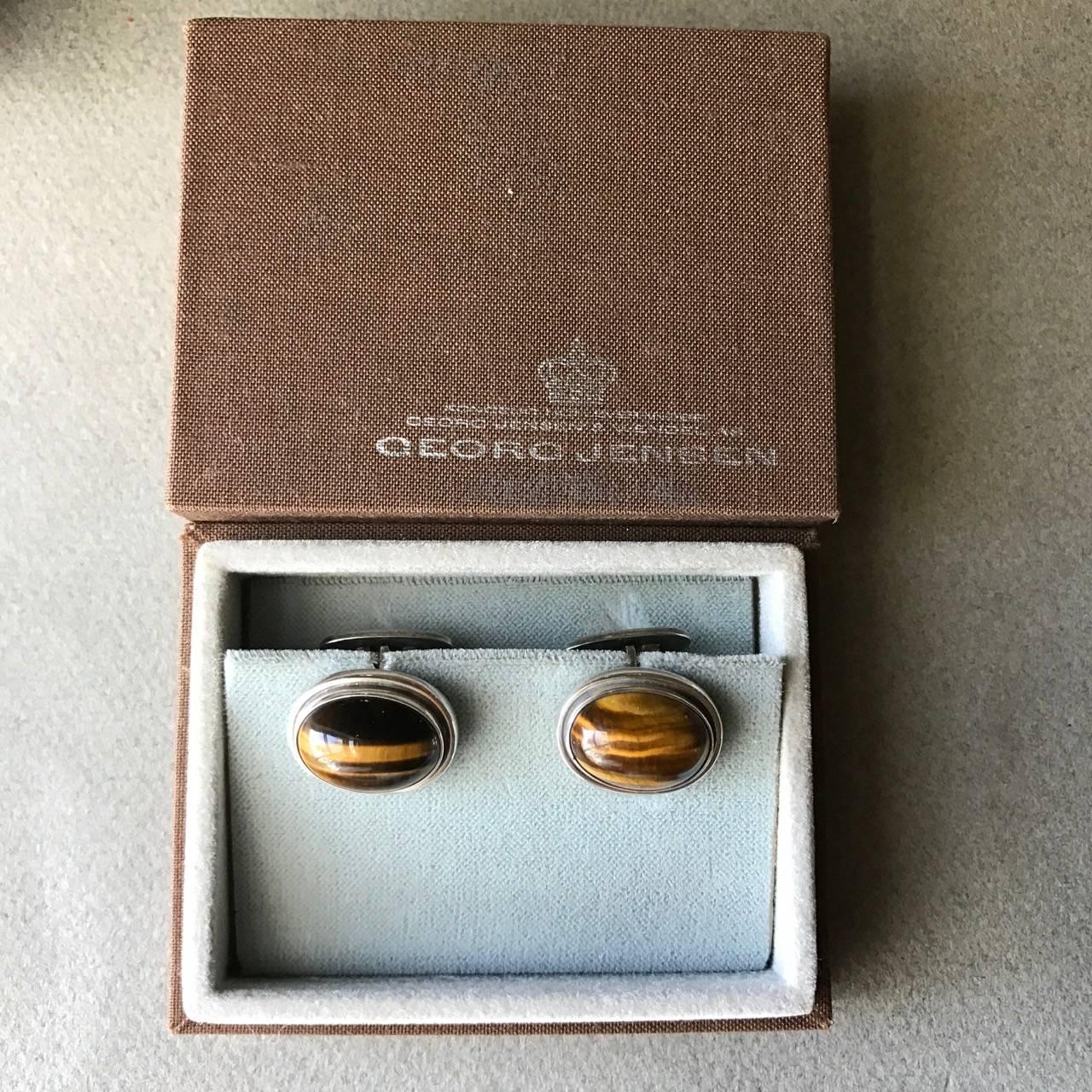 Men's Georg Jensen Sterling Silver and Tiger Eye Cufflinks, No. 44A by Harald Nielsen