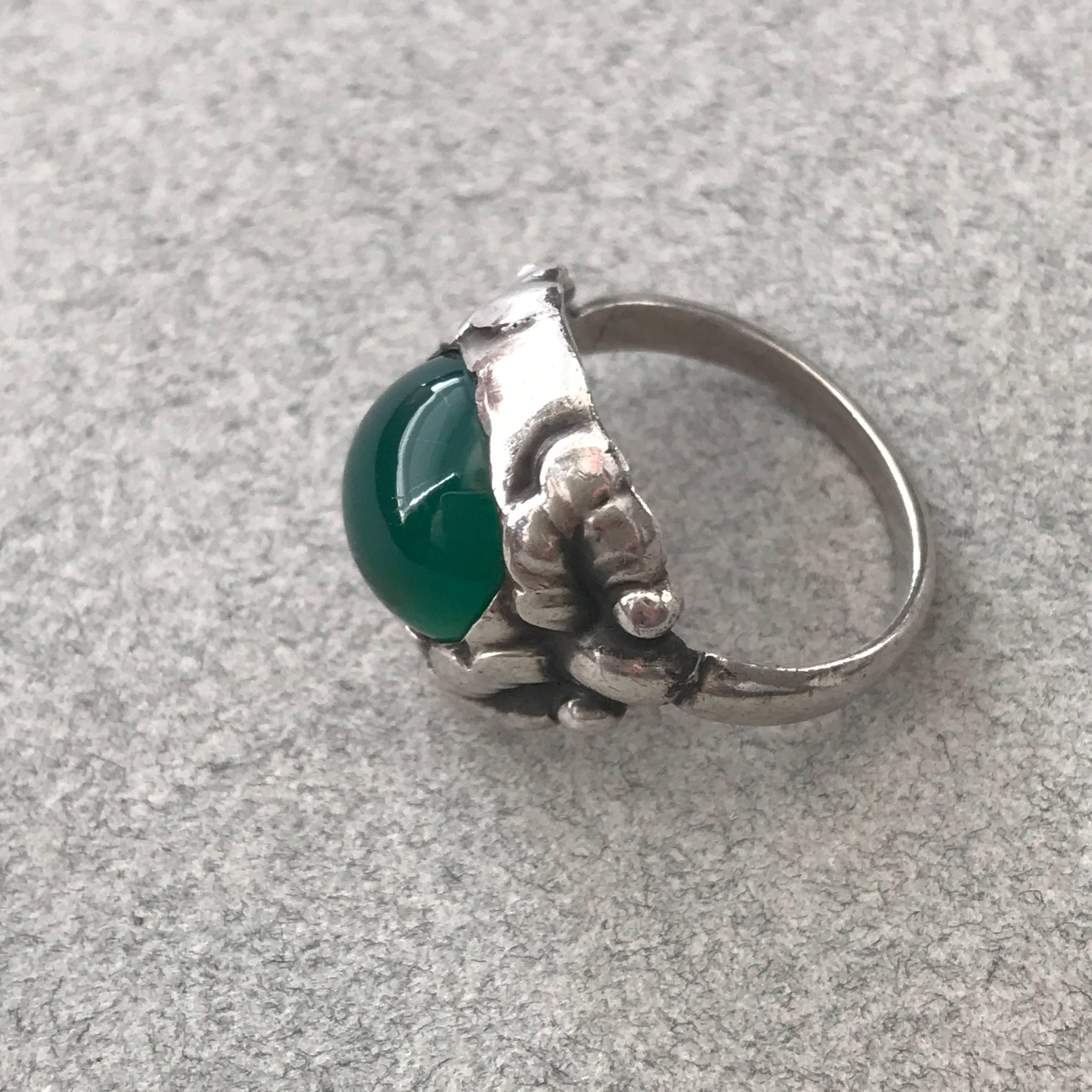 Georg Jensen .830 Silver and Chrysophase Ring, No. 11A (Size 7.5) In Good Condition For Sale In San Francisco, CA