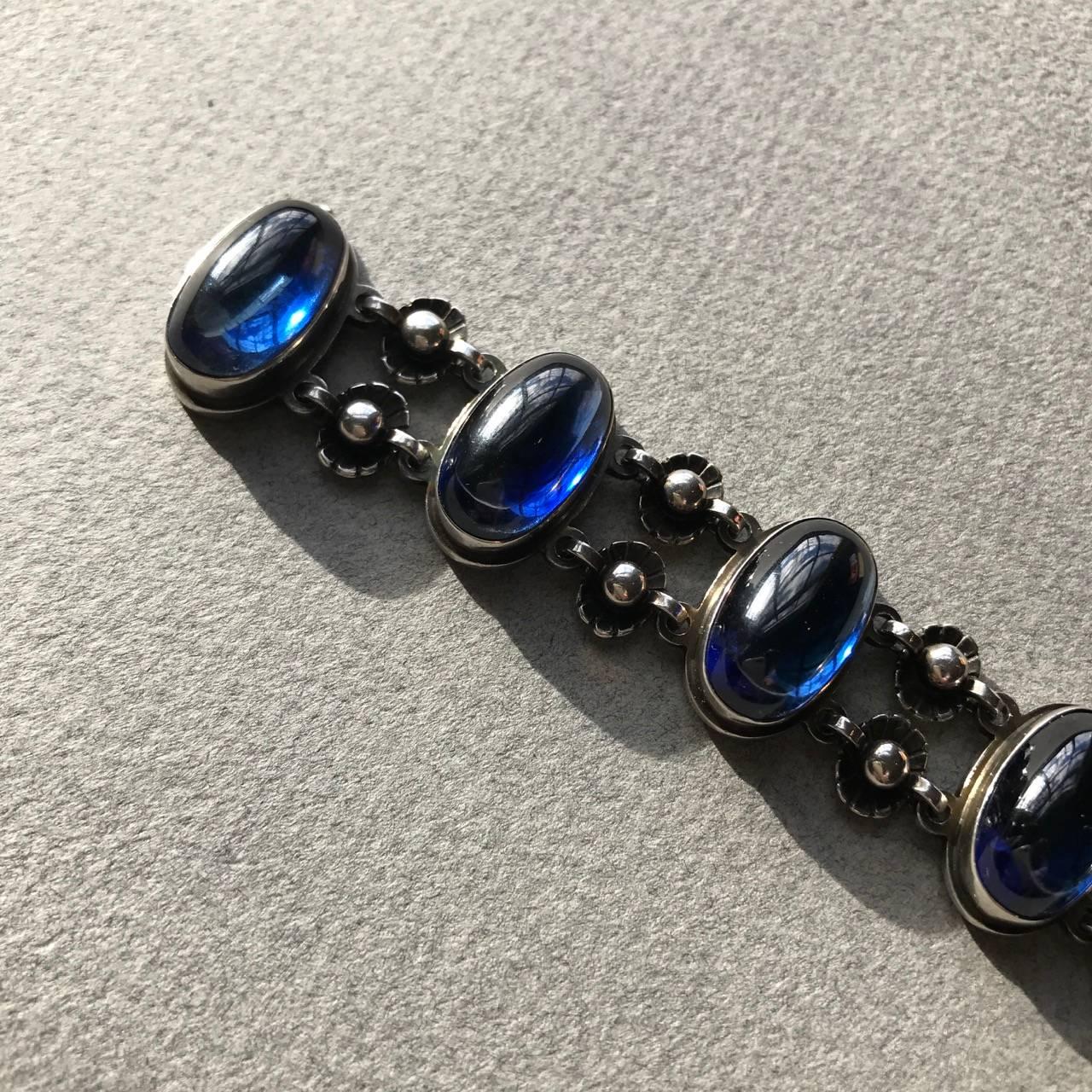 Georg Jensen Sterling Silver Bracelet No 63 with Synthetic Sapphire In Excellent Condition For Sale In San Francisco, CA