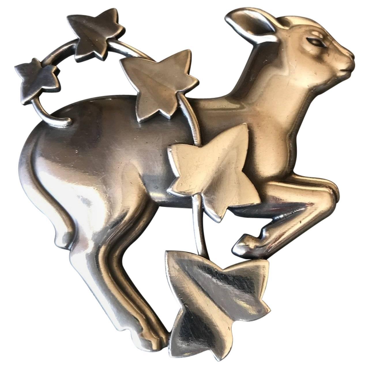 Georg Jensen Sterling Silver Lamb and Ivy Brooch No. 311 by Arno Malinowski For Sale