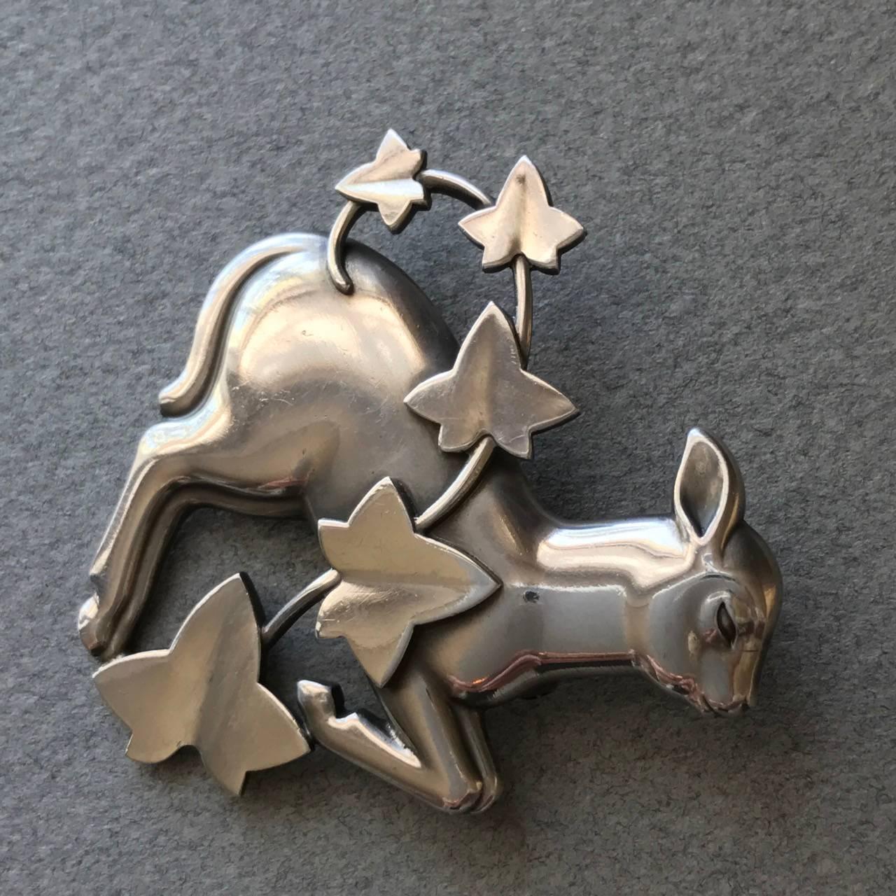 Arts and Crafts Georg Jensen Sterling Silver Lamb and Ivy Brooch No. 311 by Arno Malinowski For Sale