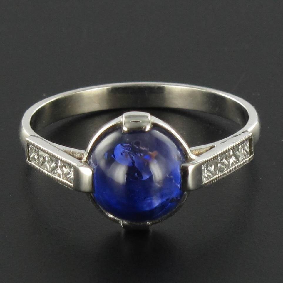 Round Cut French Art Deco Style Sapphire Cabochon Princess Cut Diamond Ring 
