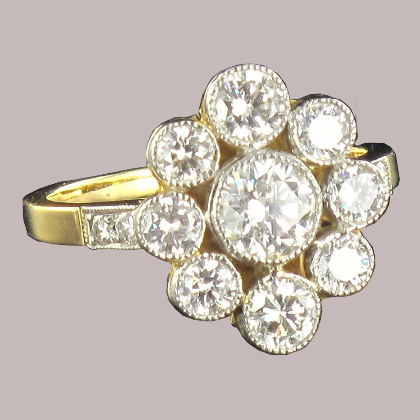 Modern French 1.10 Carat Brillant Cut Diamond Gold Platinum Cluster Engagement Ring