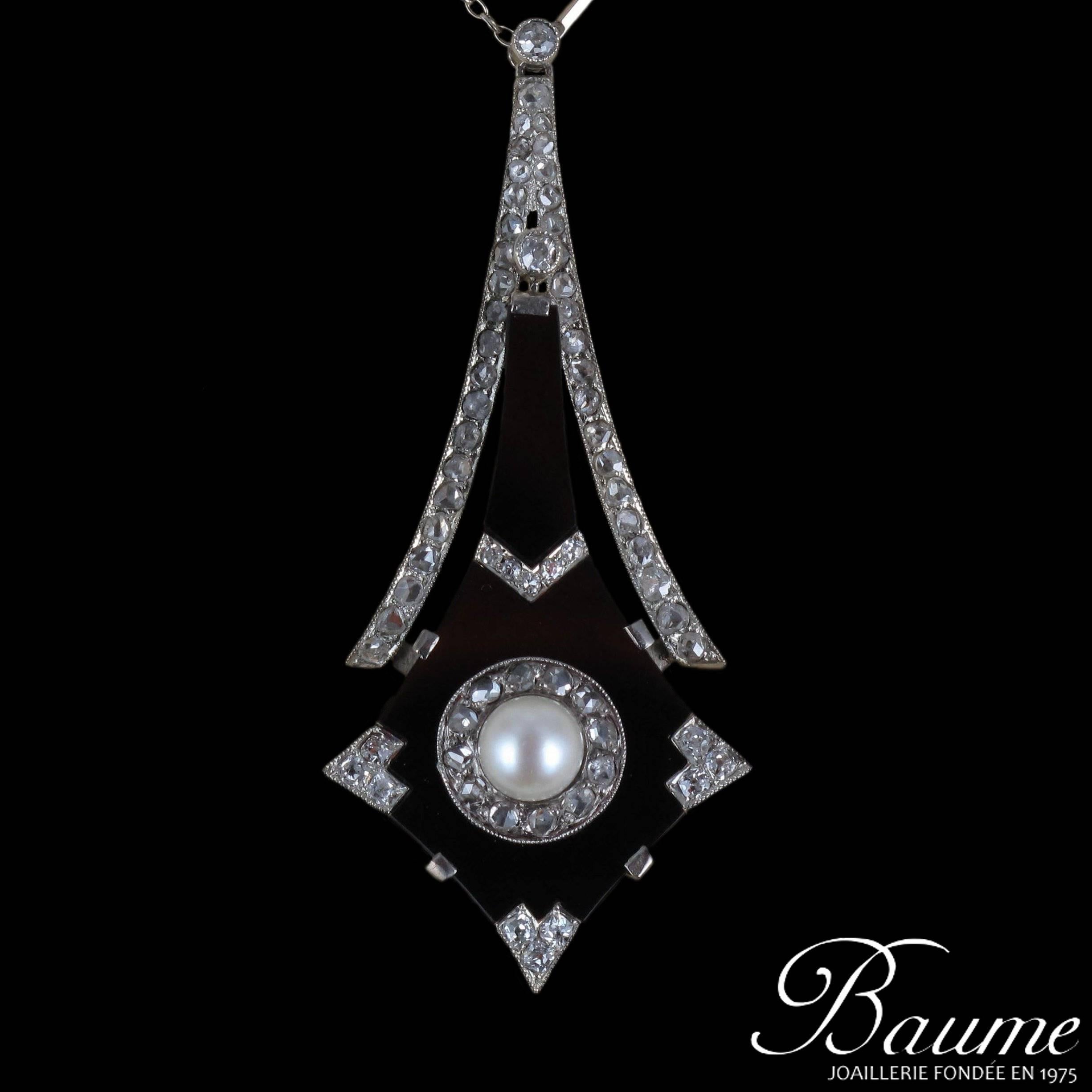 French Art Deco Fine Pearl Onyx Diamond Platinum Pendant 7