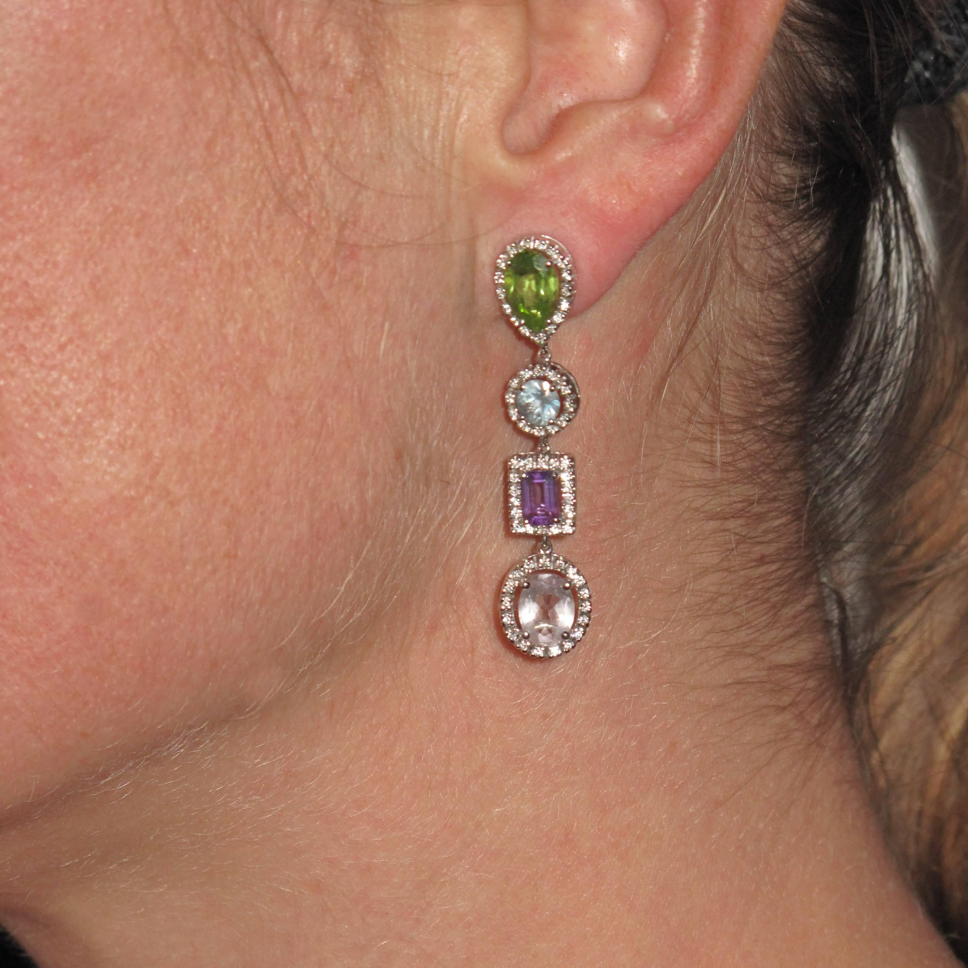 Diamond, Amethyst, Peridot, Aquamarine and Morganite Earrings In New Condition In Poitiers, FR