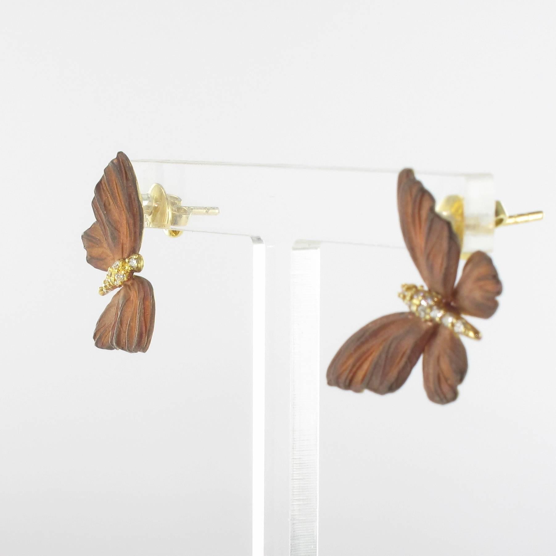 Rose Enamel Diamond Gold Butterfly Earrings For Sale 1
