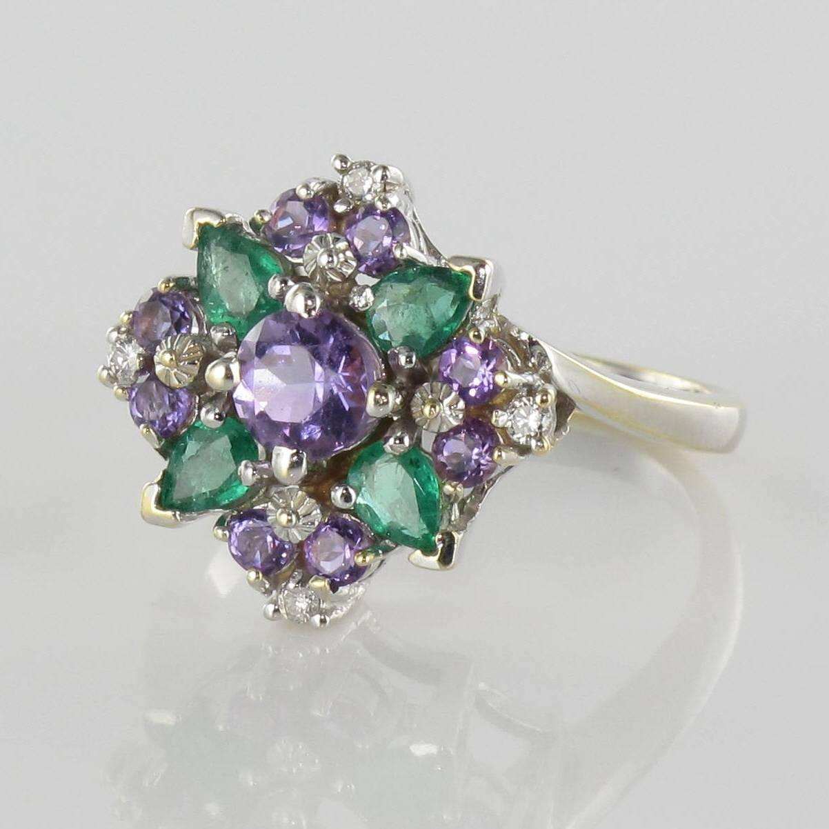 Women's 1970s Emerald Amethyst Diamond White Gold Ring 