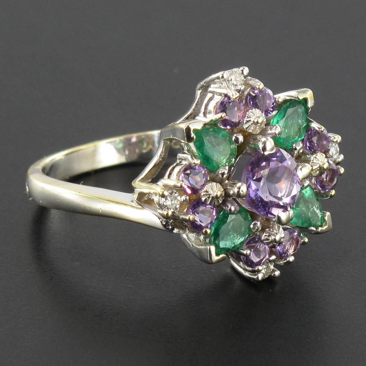 1970s Emerald Amethyst Diamond White Gold Ring  1