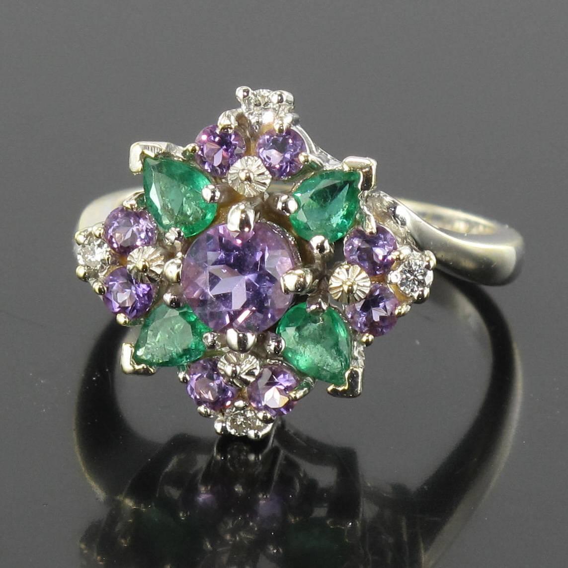 1970s Emerald Amethyst Diamond White Gold Ring  2
