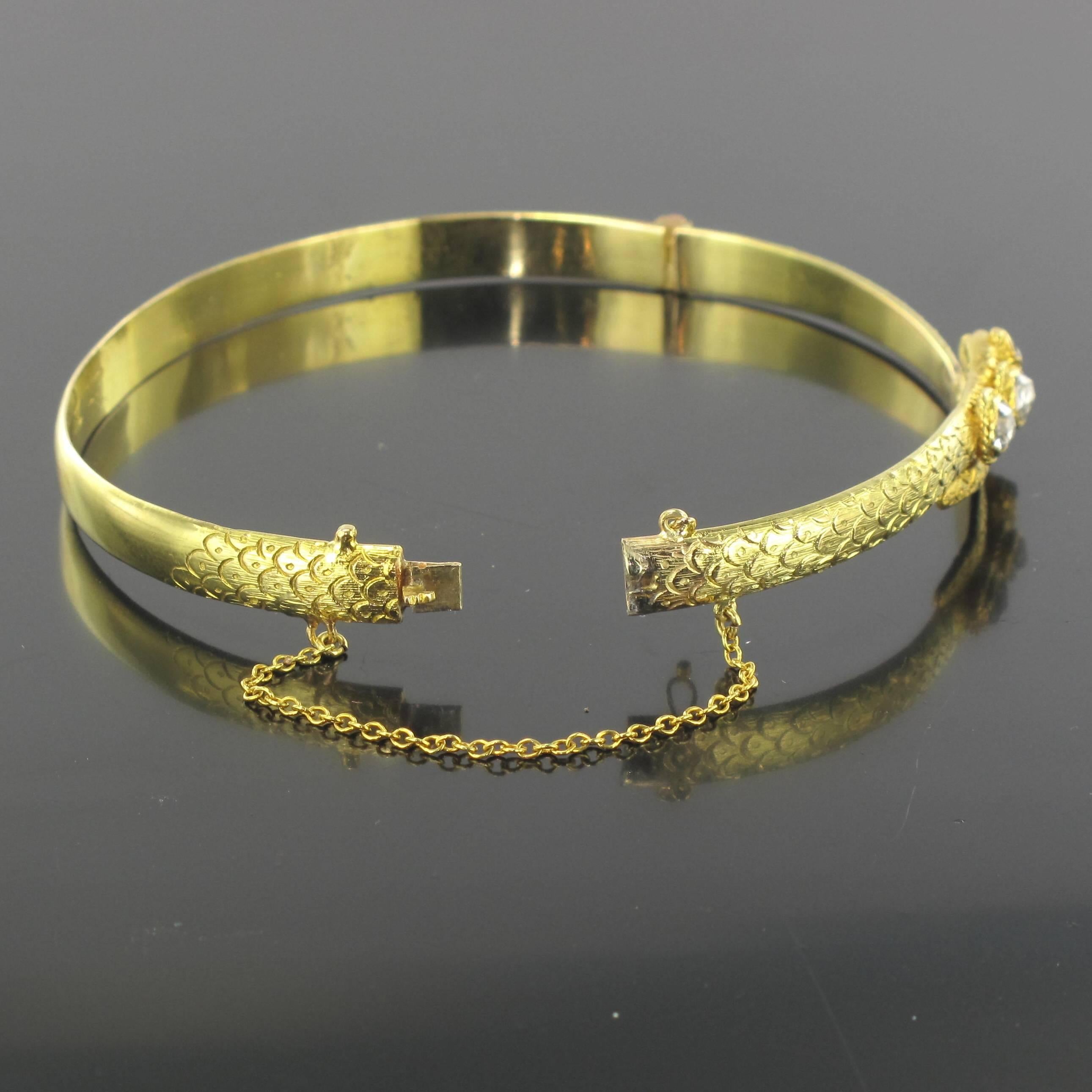 Victorian Antique Rose Cut Diamonds Gold Snake Bangle Bracelet