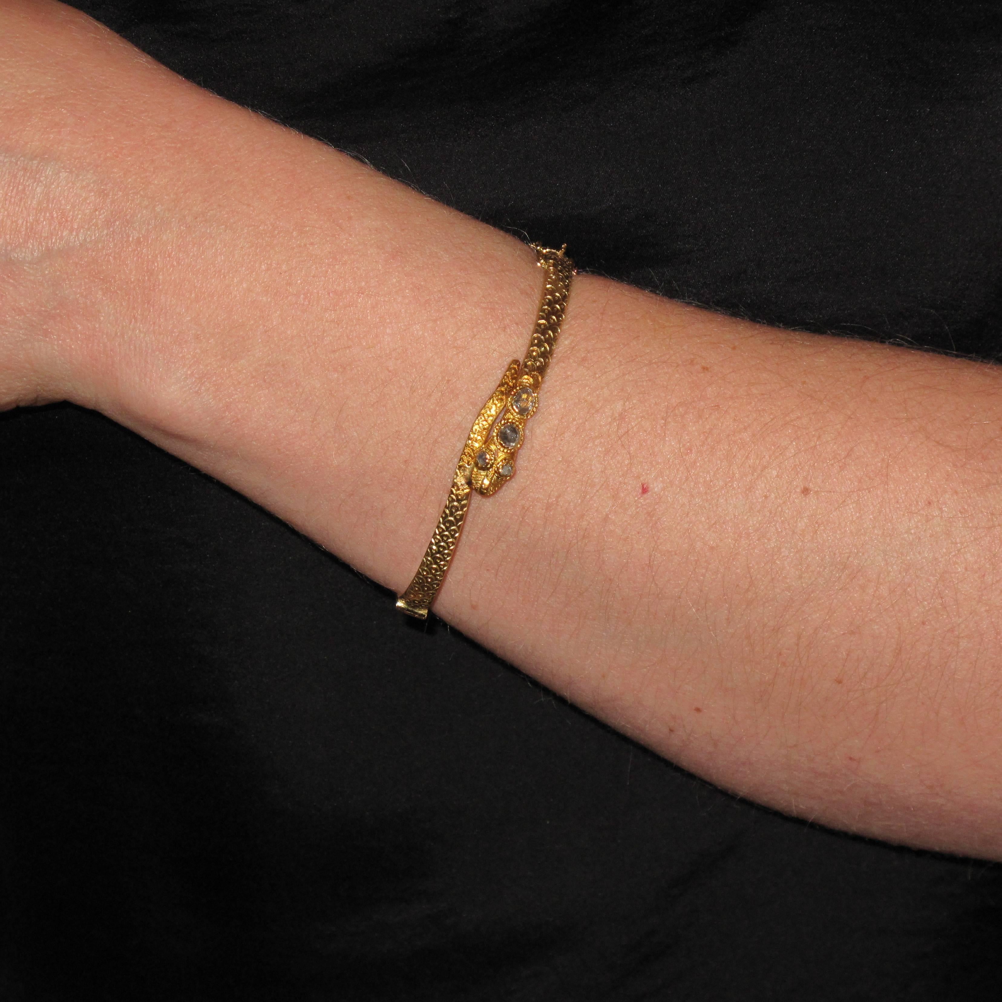 Antique Rose Cut Diamonds Gold Snake Bangle Bracelet In Excellent Condition In Poitiers, FR