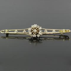 French Antique Diamond Silver Gold Flower Bar Brooch