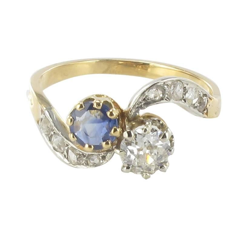 French Antique Sapphire Diamond Gold Engagement Ring 