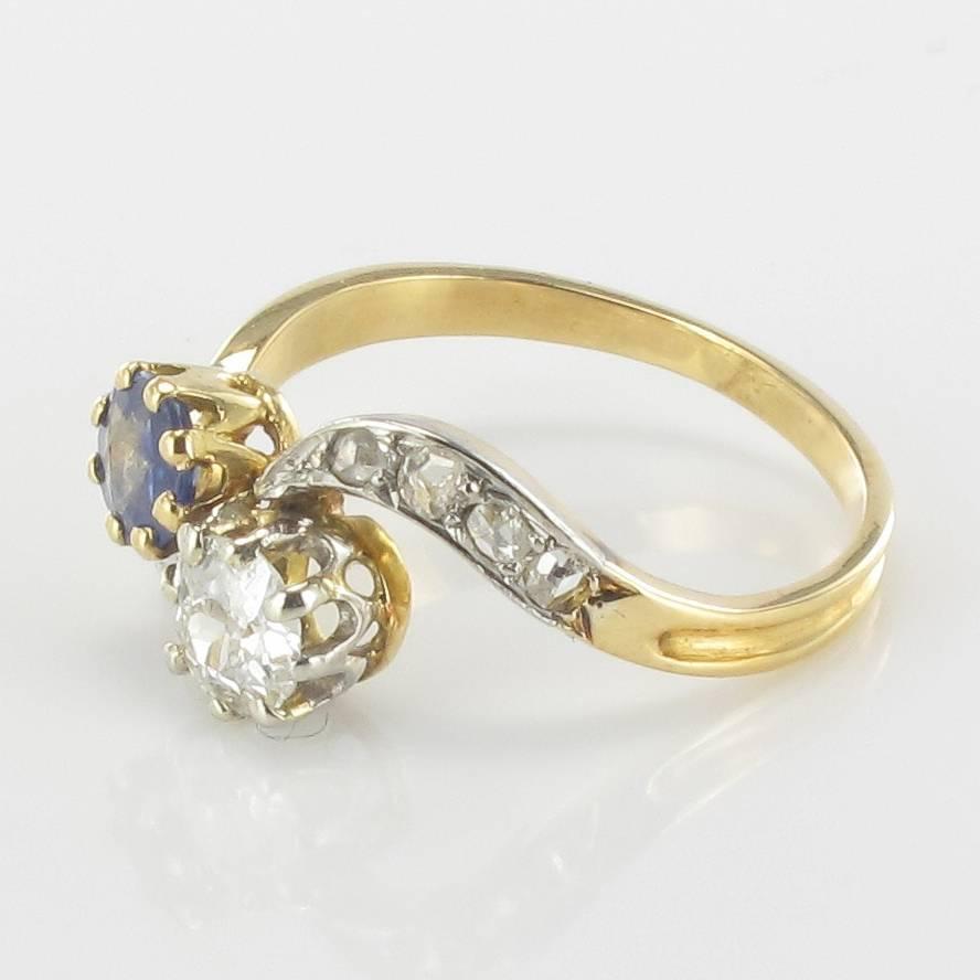 French Antique Sapphire Diamond Gold Engagement Ring  In Excellent Condition In Poitiers, FR