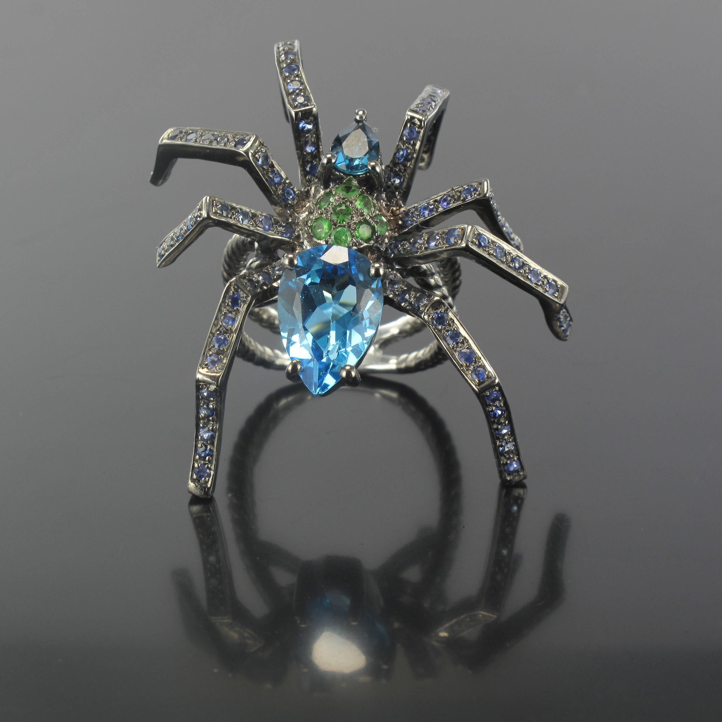 New Topaz Garnet Sapphire Blacked Silver Spider Ring  2