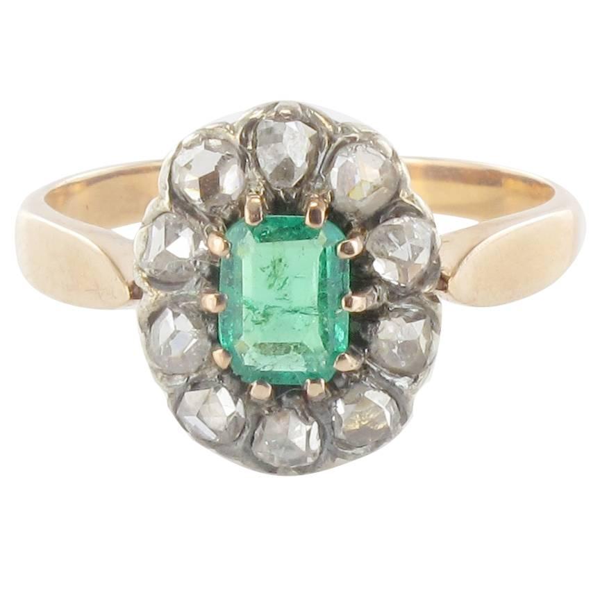 French Antique Emerald Diamond Gold Ring