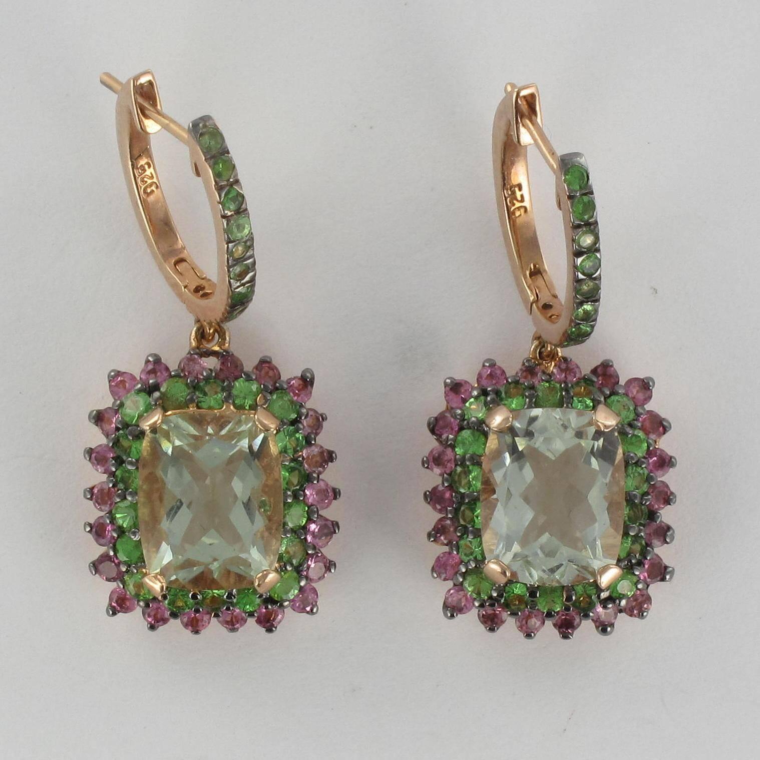 New Green Quartz Pink Sapphire Garnet Dangle Earrings In New Condition In Poitiers, FR
