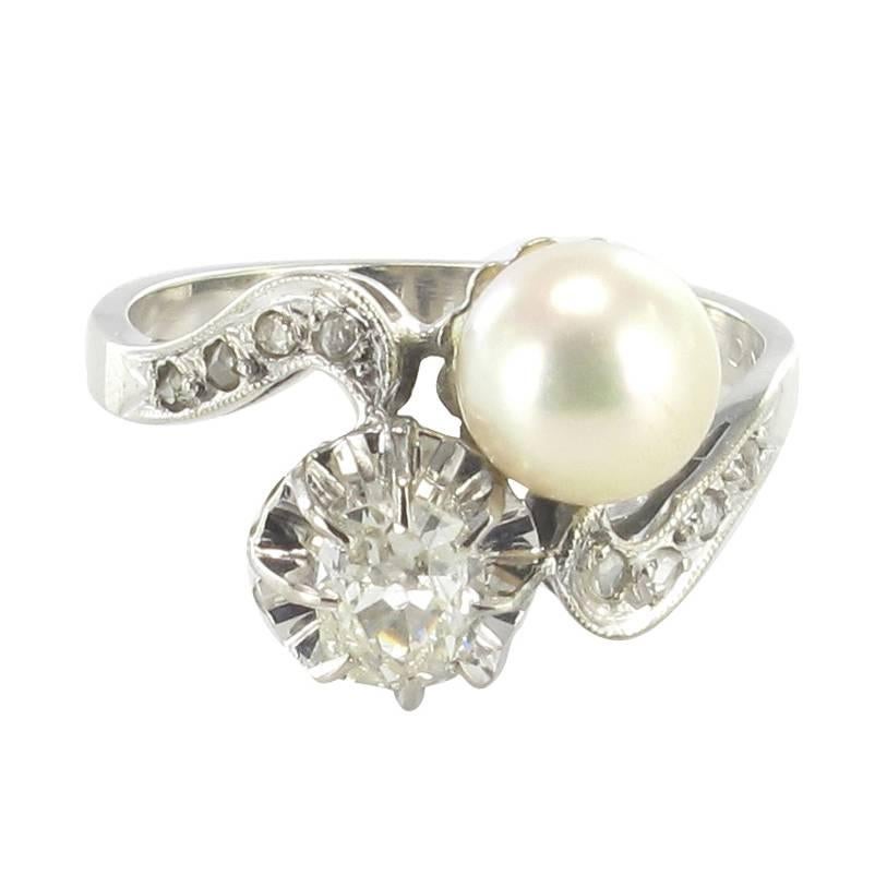 French Antique Pearl Diamond Gold Toi et Moi Ring