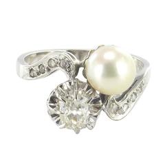 French Antique Pearl Diamond Gold Toi et Moi Ring