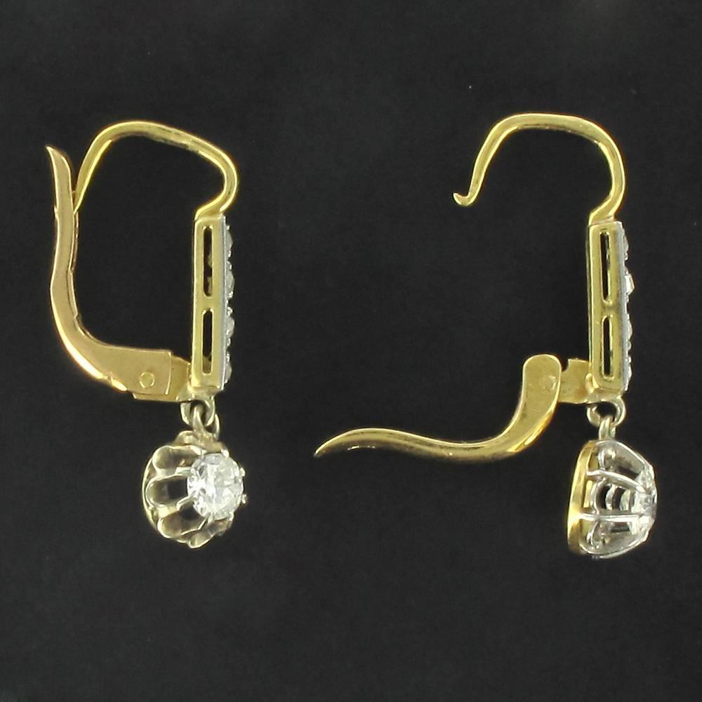 Antique Diamond Gold Platinum Earrings In Excellent Condition In Poitiers, FR