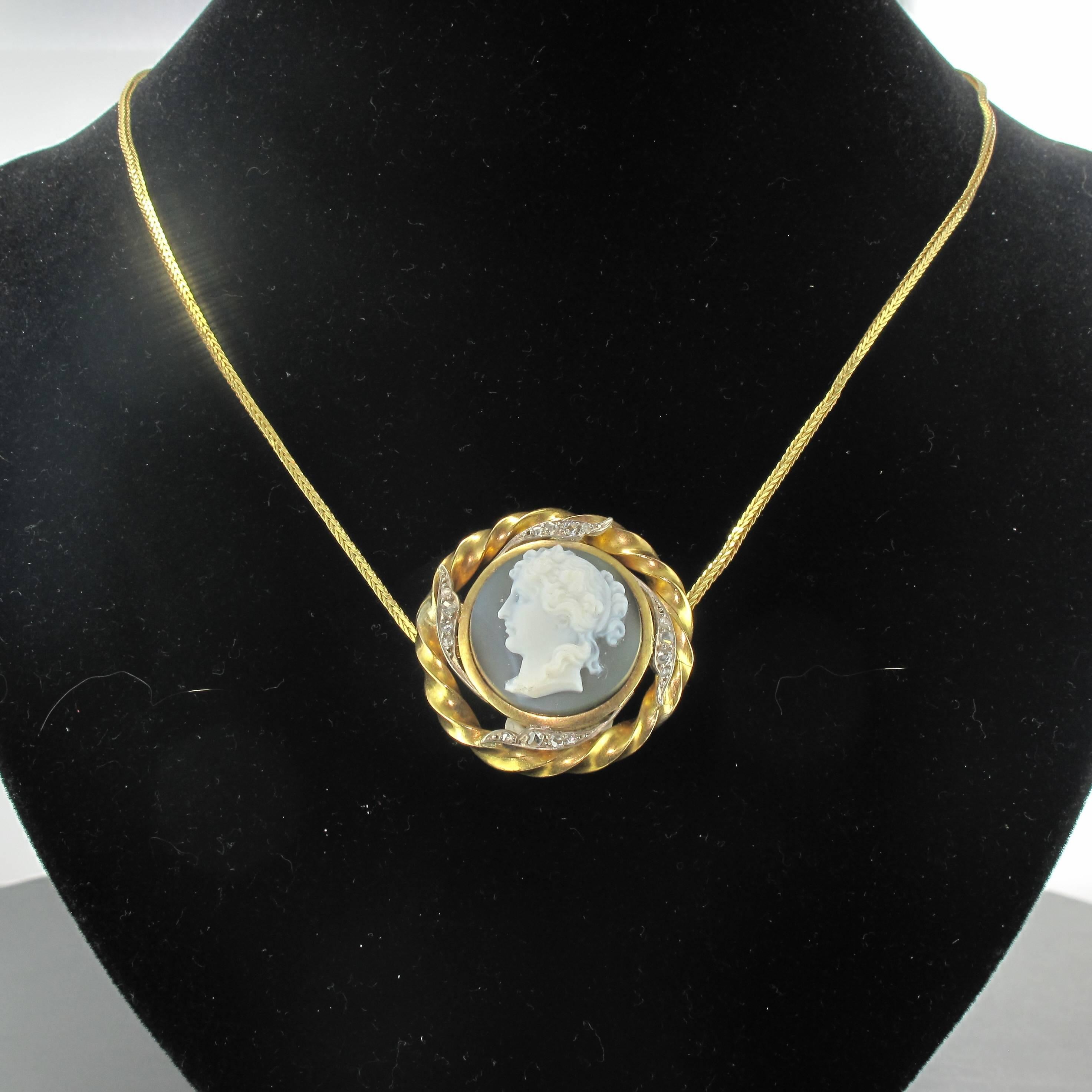 Women's Cameo Diamond Gold Brooch Pendant  