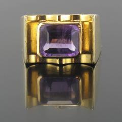 French Retro Amethyst Gold Tank Ring