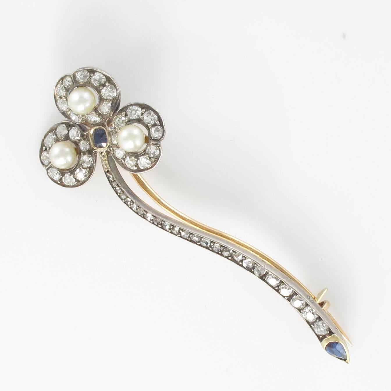 Antique French Fine Pearl Sapphire Diamond Gold Brooch In Excellent Condition In Poitiers, FR