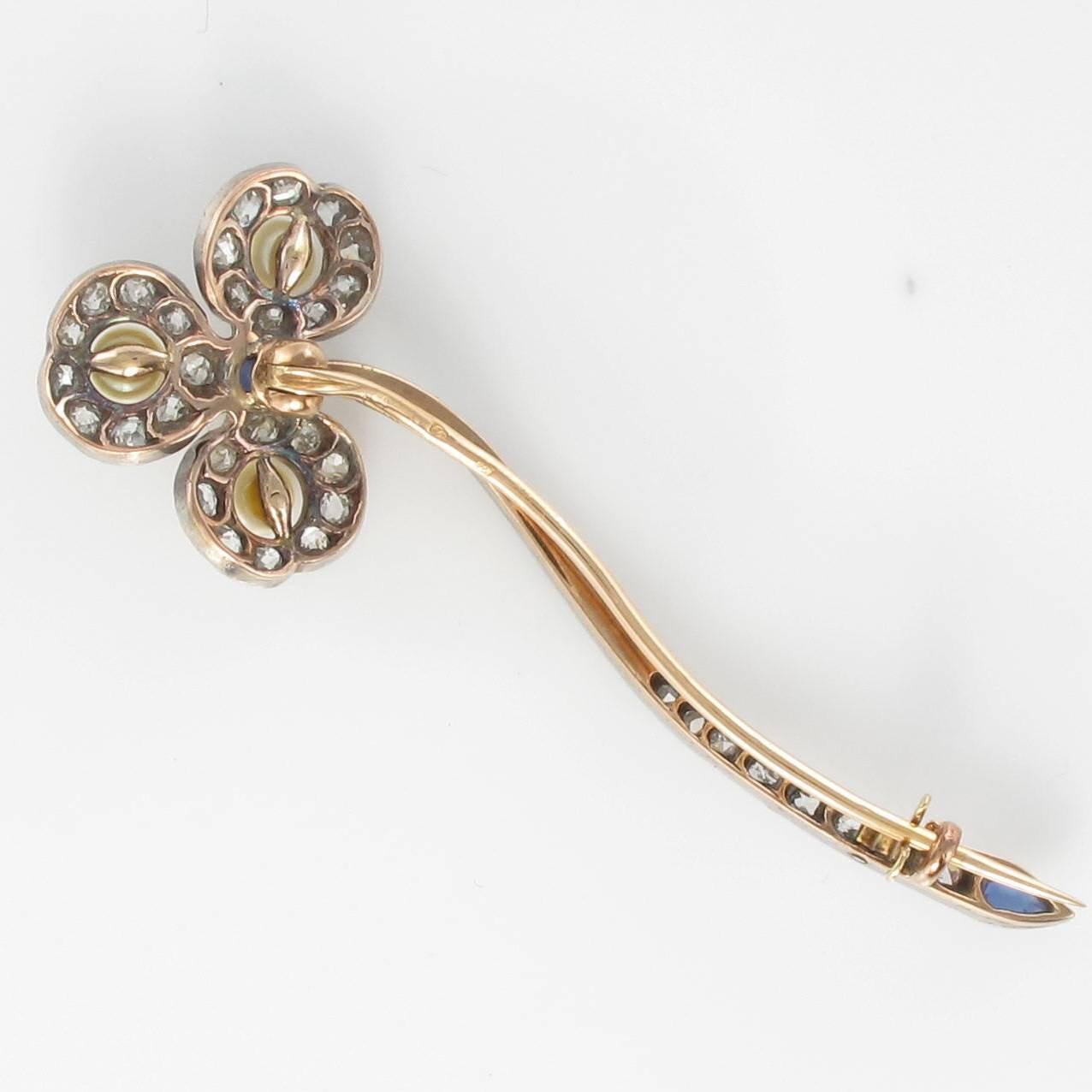 Art Nouveau Antique French Fine Pearl Sapphire Diamond Gold Brooch