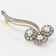 Antique French Fine Pearl Sapphire Diamond Gold Brooch