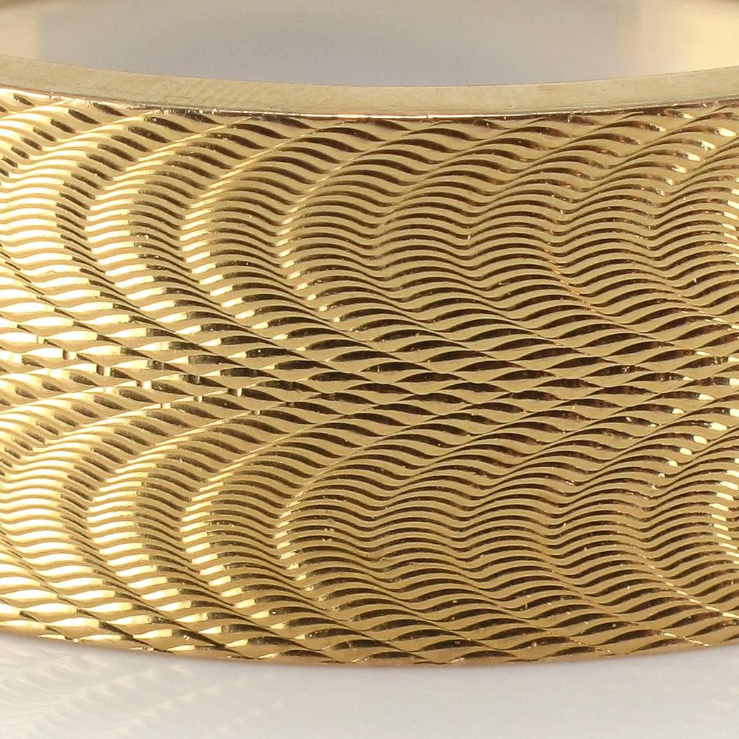 1950s French Moire Engraved Gold Bangle Bracelet  1