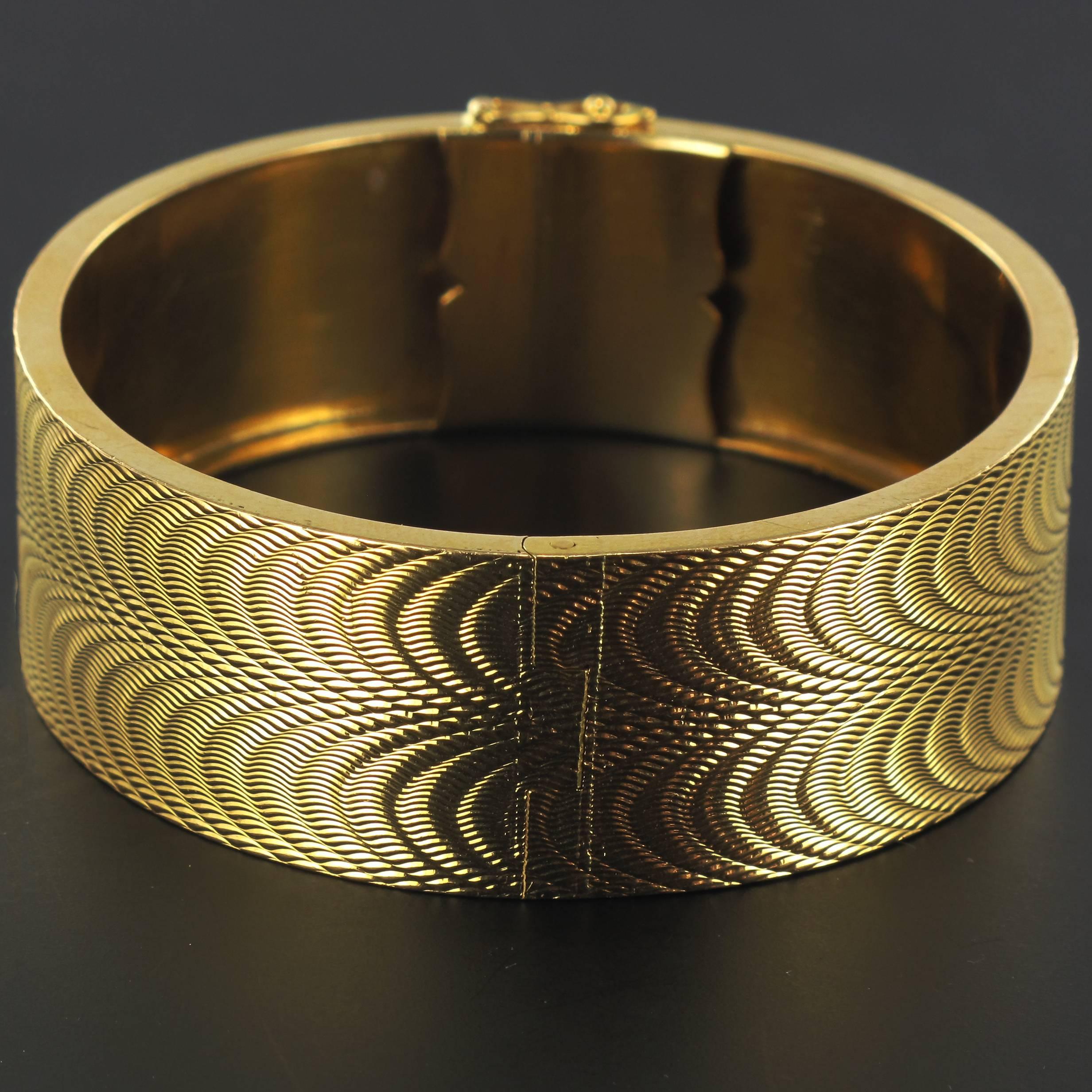 1950s French Moire Engraved Gold Bangle Bracelet  2