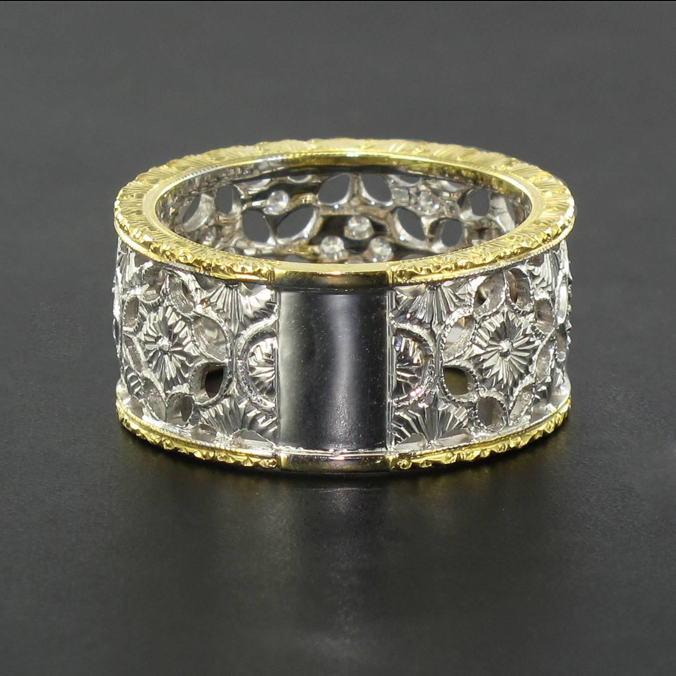 Renaissance New Diamond Two Color Gold Filigree Band Ring