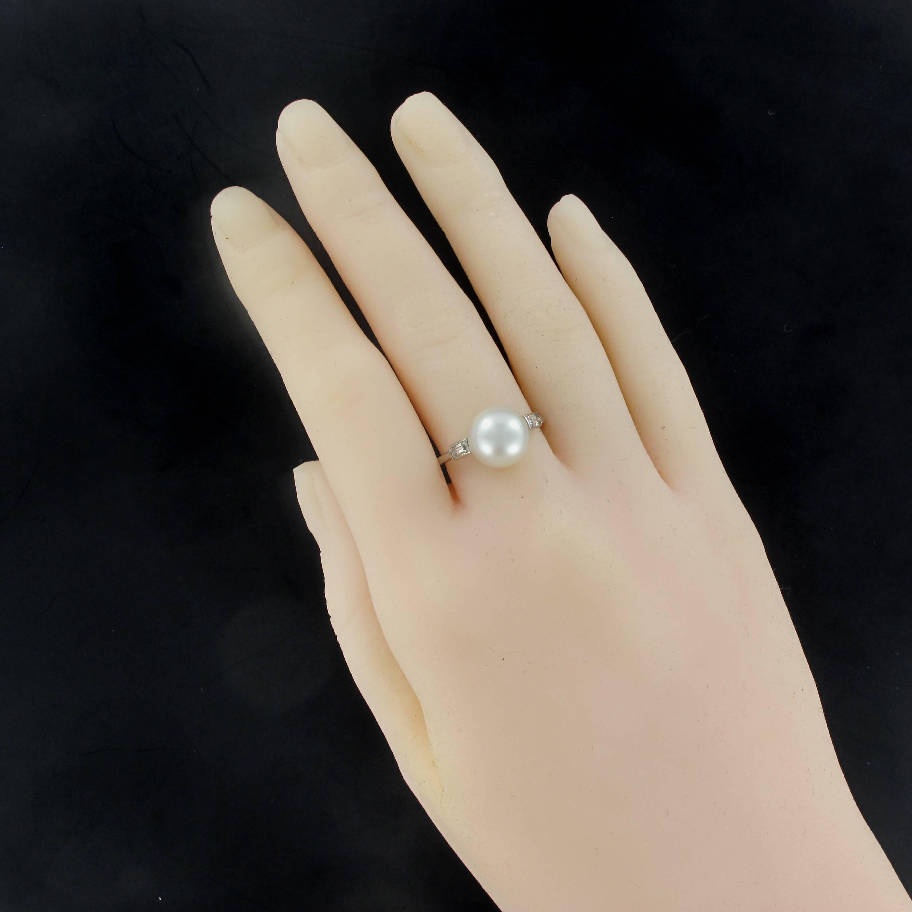 Rare Genuine Fine Pearl Baguette Diamond Platinum Ring  3