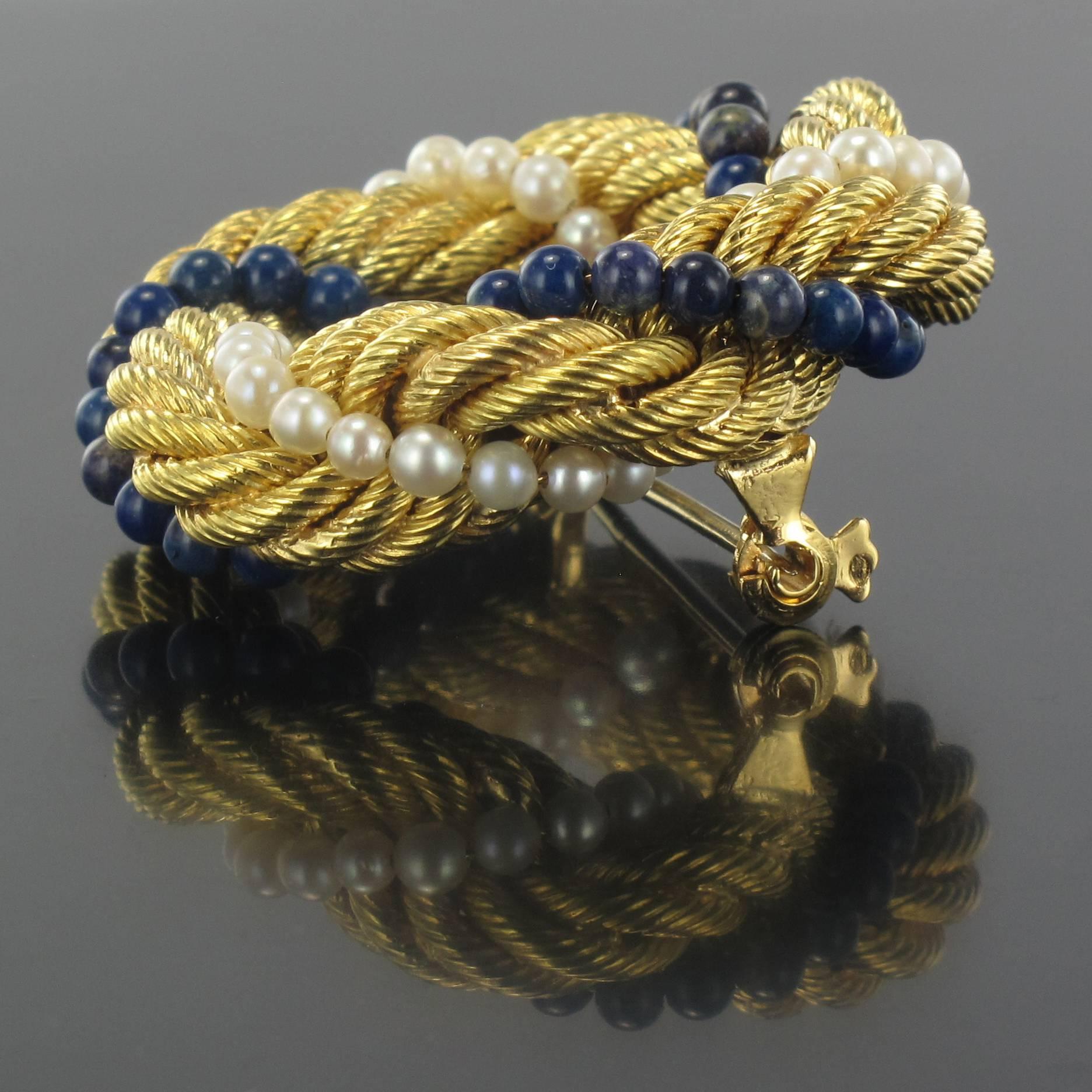 1950s Pearl Lapis Lazuli Twisted Gold Brooch 3
