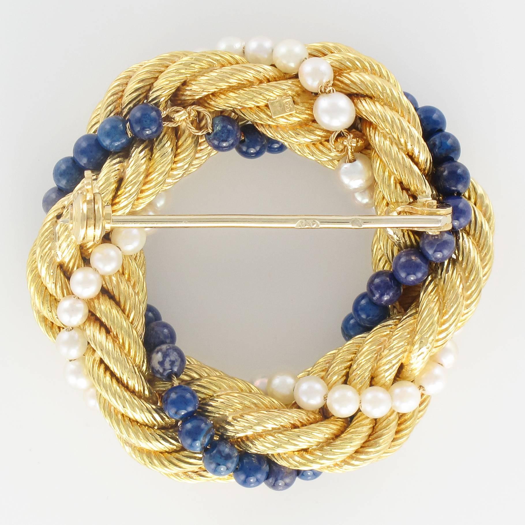 Women's 1950s Pearl Lapis Lazuli Twisted Gold Brooch