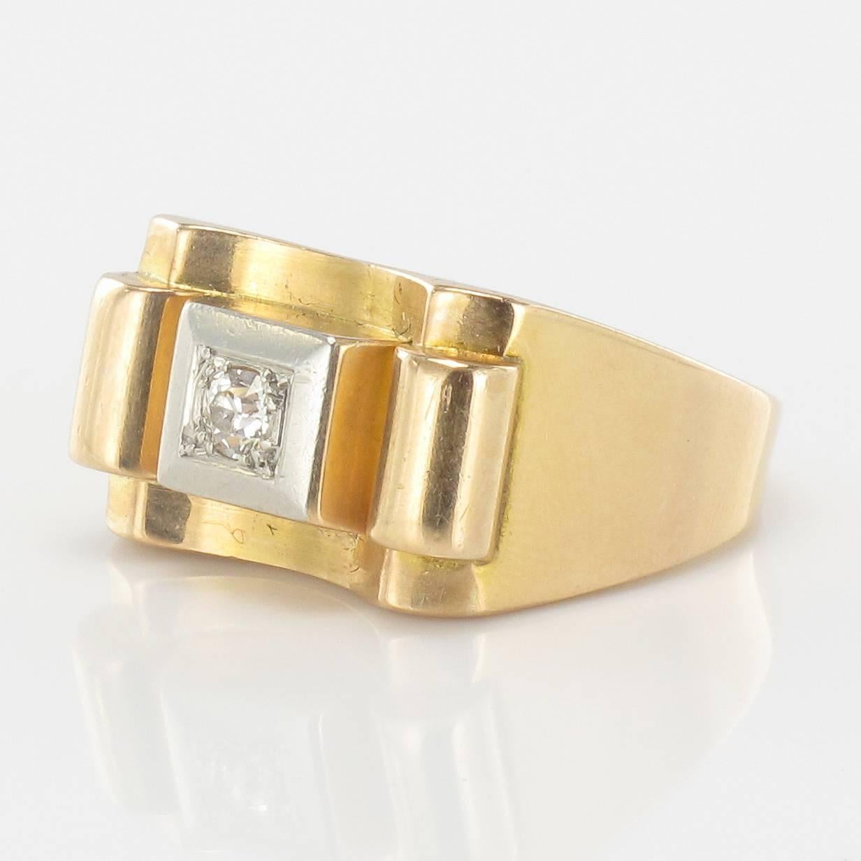 Retro 1940s French Diamond Gold Tank Ring