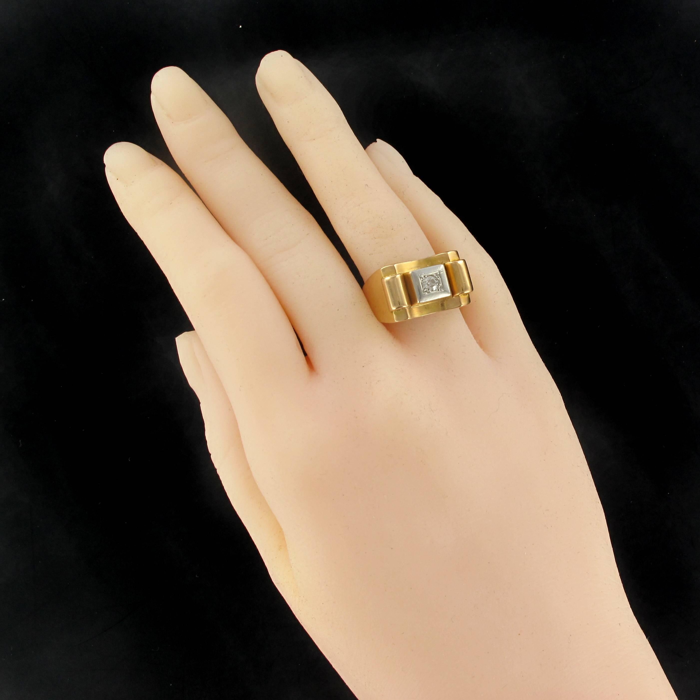 1940s French Diamond Gold Tank Ring In New Condition In Poitiers, FR