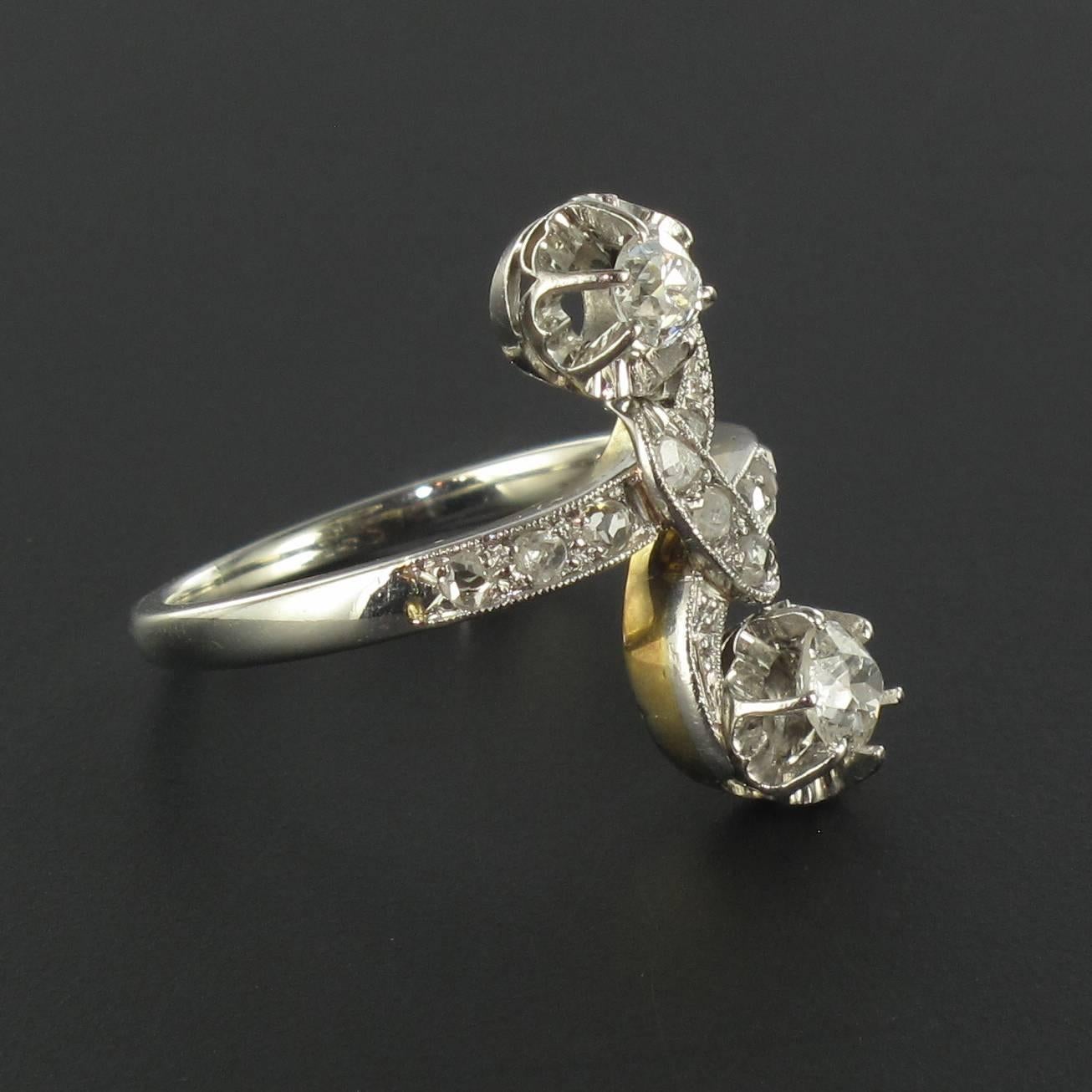 Women's 1900s French Antique Diamond Gold Lovers Ring 