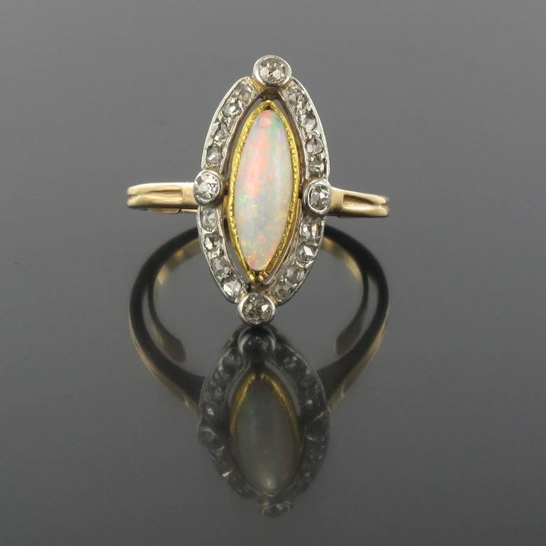 1900s French Antique Opal Diamond Gold Ring at 1stDibs