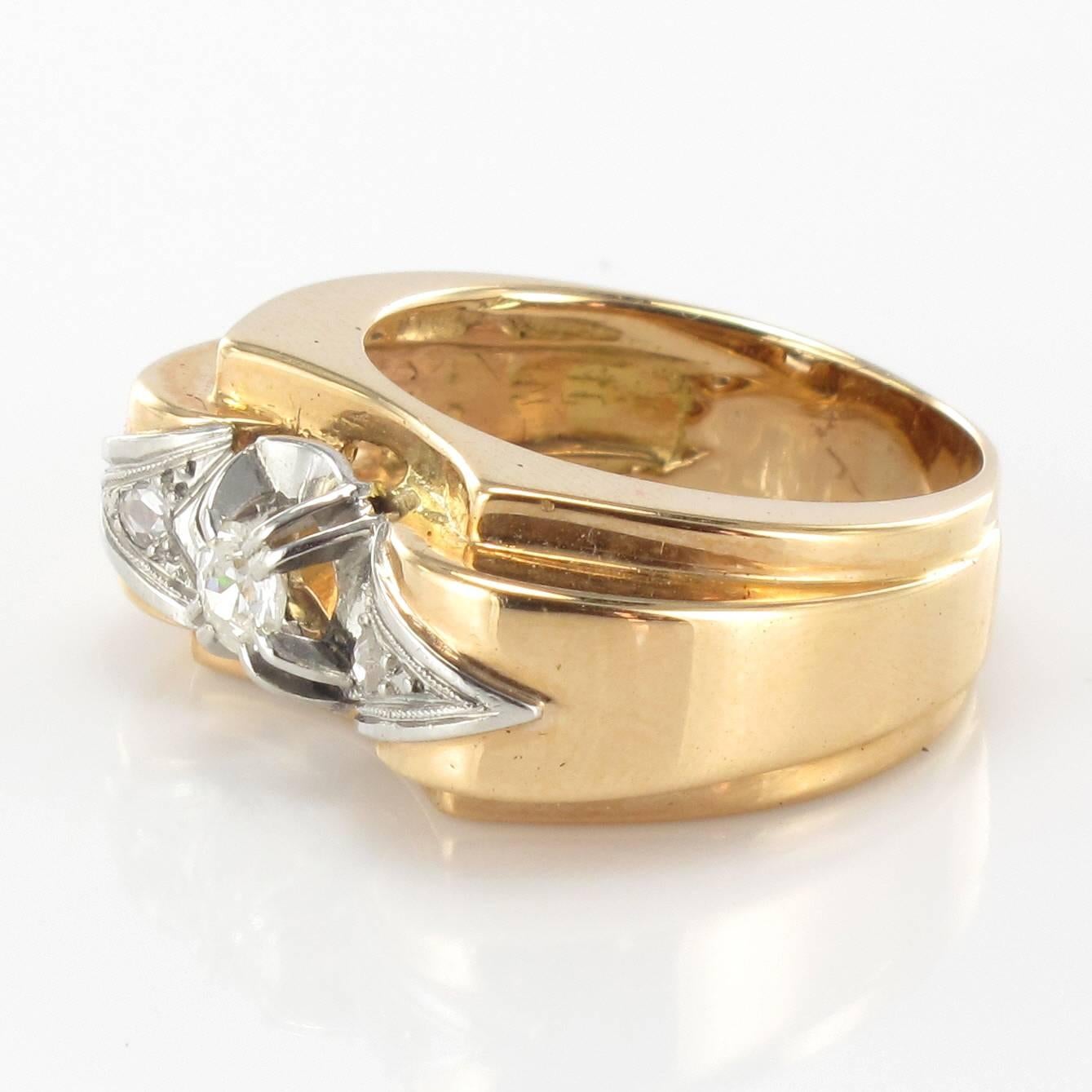 Retro 1950s French Diamond Two Color Gold Tank Ring