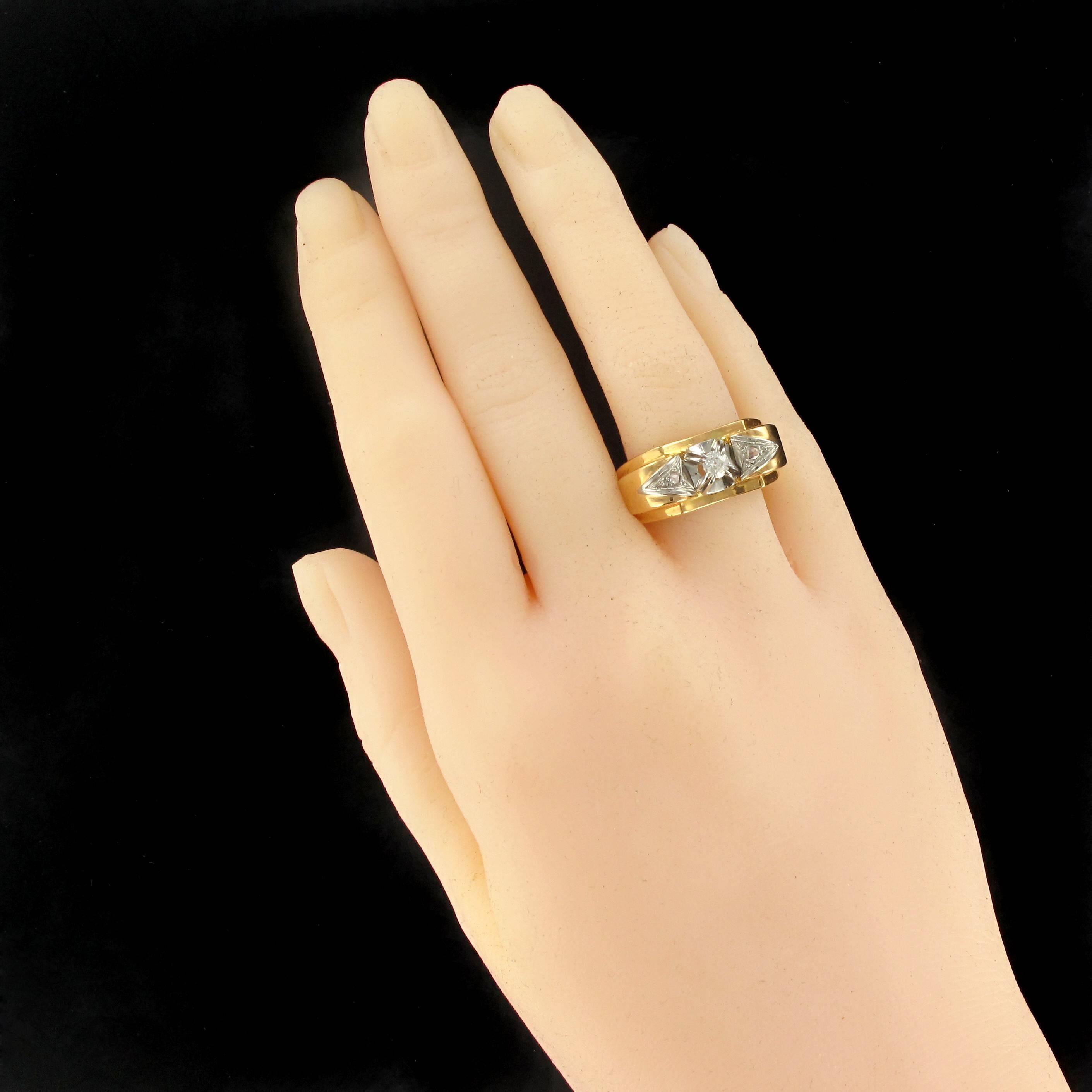 Rose Cut 1950s French Diamond Two Color Gold Tank Ring