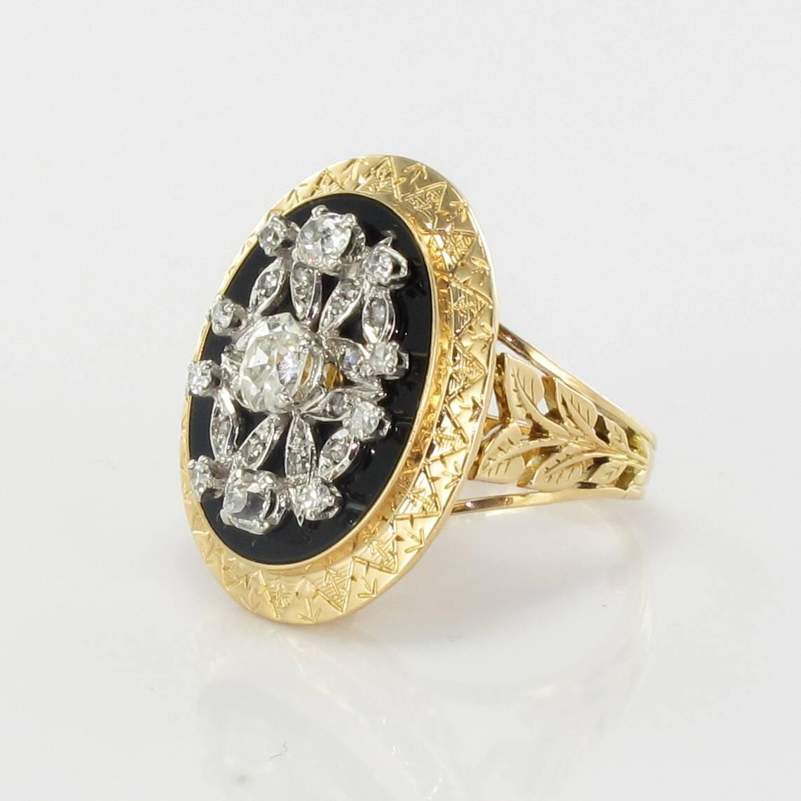 Art Nouveau 1900s French Onyx Diamond Gold Platinum Ring
