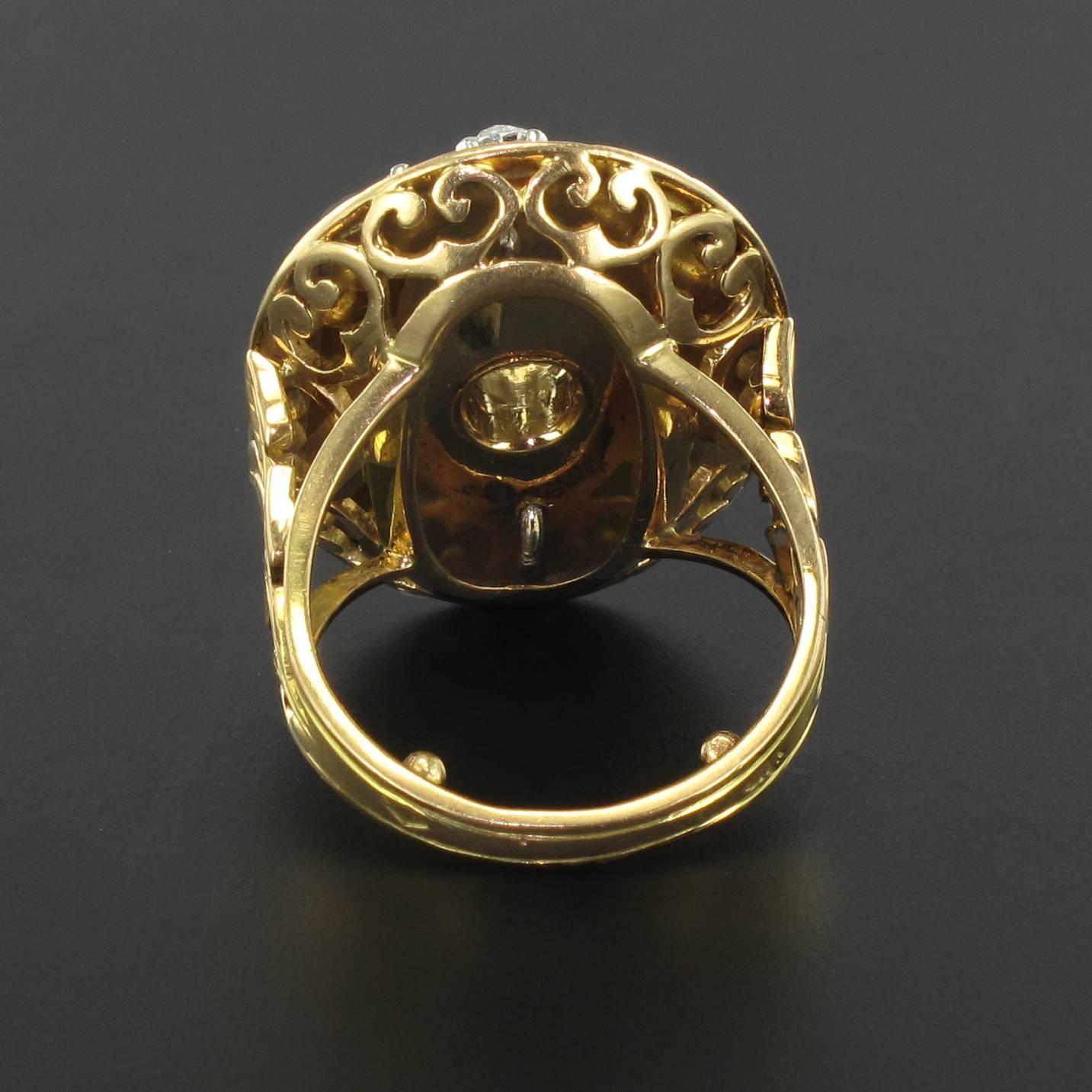 Women's 1900s French Onyx Diamond Gold Platinum Ring