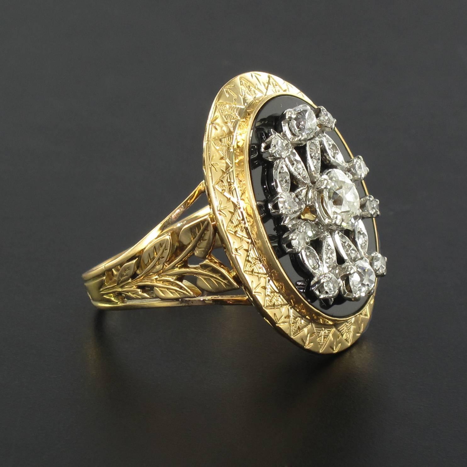 1900s French Onyx Diamond Gold Platinum Ring 1