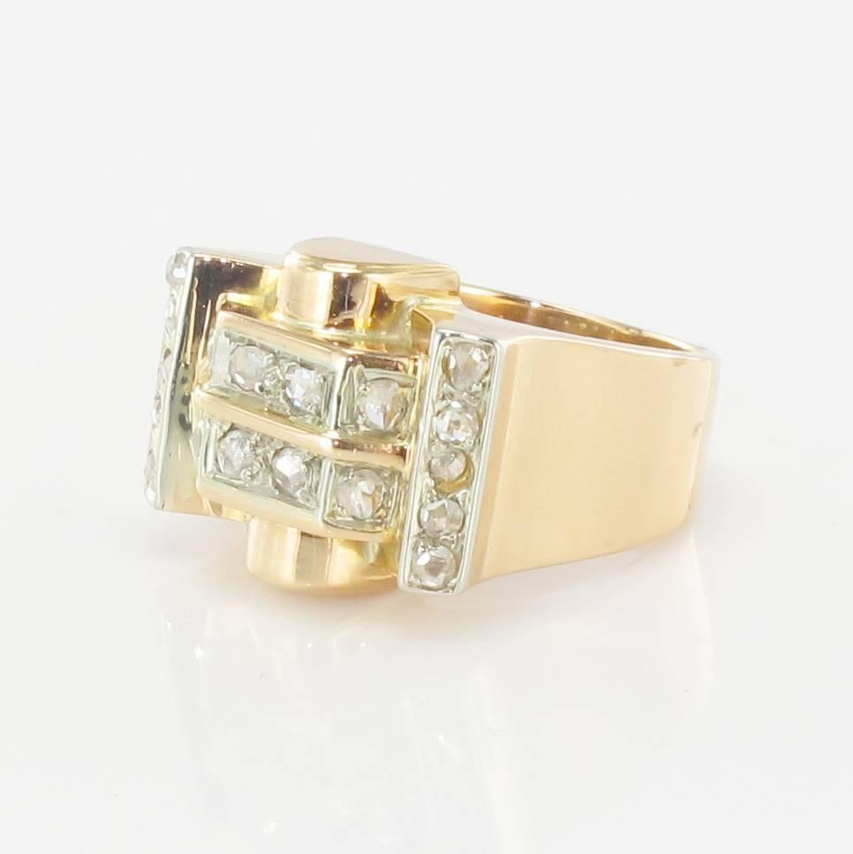 Retro French 1940s Rose Cut Diamond Gold Tank Ring