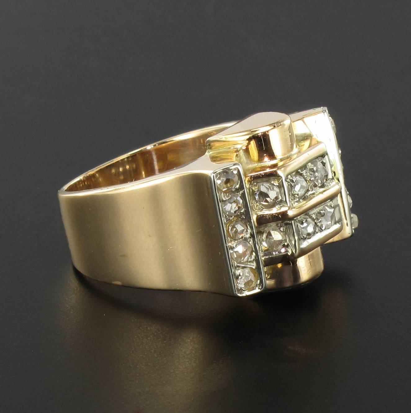 French 1940s Rose Cut Diamond Gold Tank Ring 1