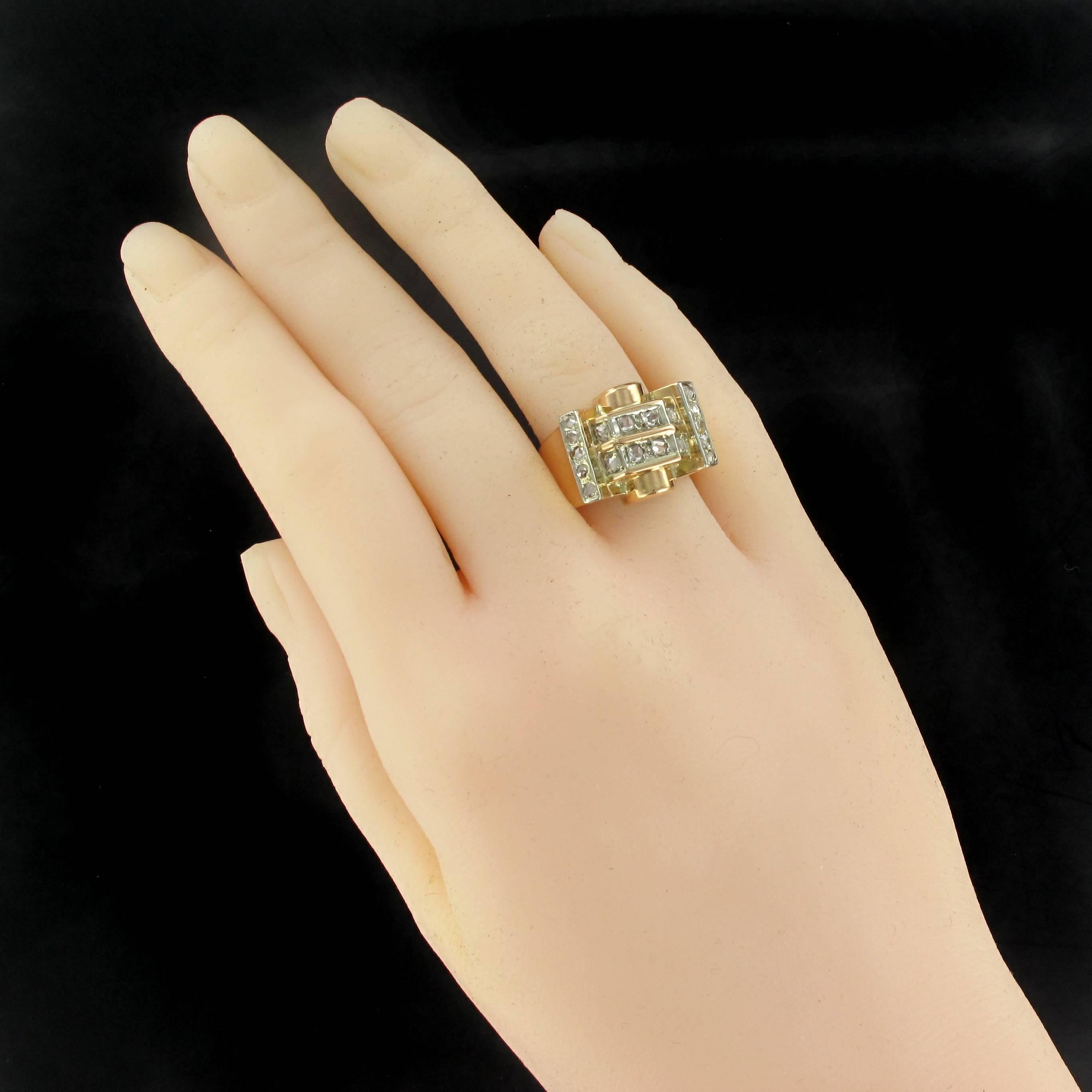 French 1940s Rose Cut Diamond Gold Tank Ring In Excellent Condition In Poitiers, FR