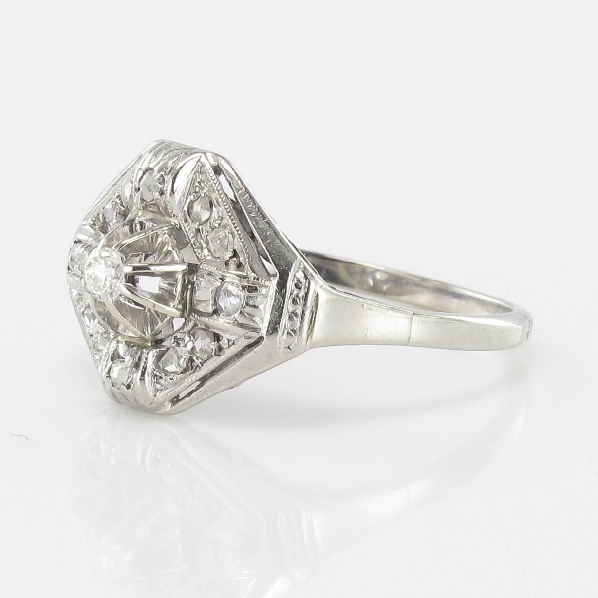 Art Deco Diamond Gold Platinum Ring In Excellent Condition In Poitiers, FR