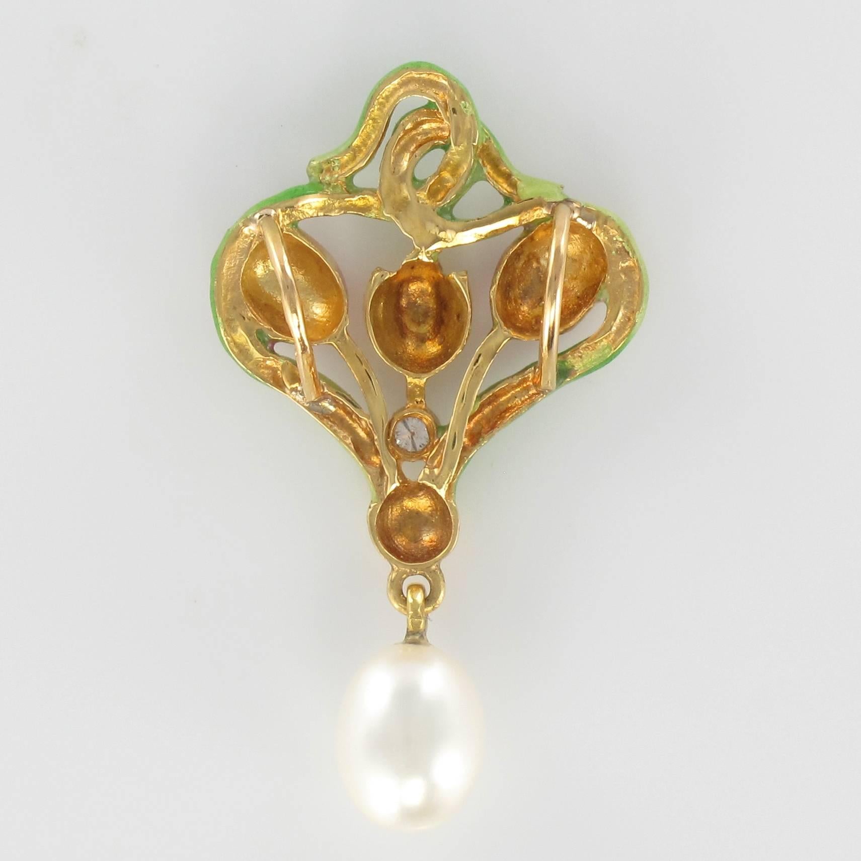 Women's French Art Nouveau Enamel Pearl Diamond Gold Pendant 